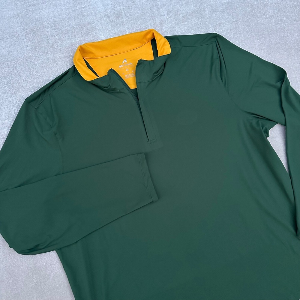 Antigua Mens XL Green Gold Long Sleeve 1/4 Zip Performance Golf Pullover